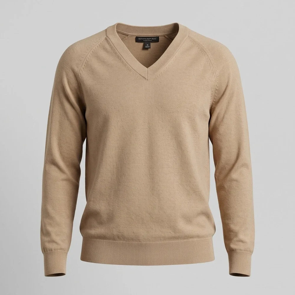 Banana Republic Mens Medium Tan V-Neck Forever Sweater Cotton Rayon Raglan